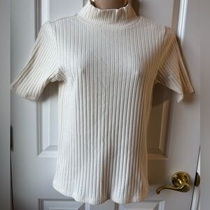 Cream Ribbed Short-Sleeve Mock Neck Top